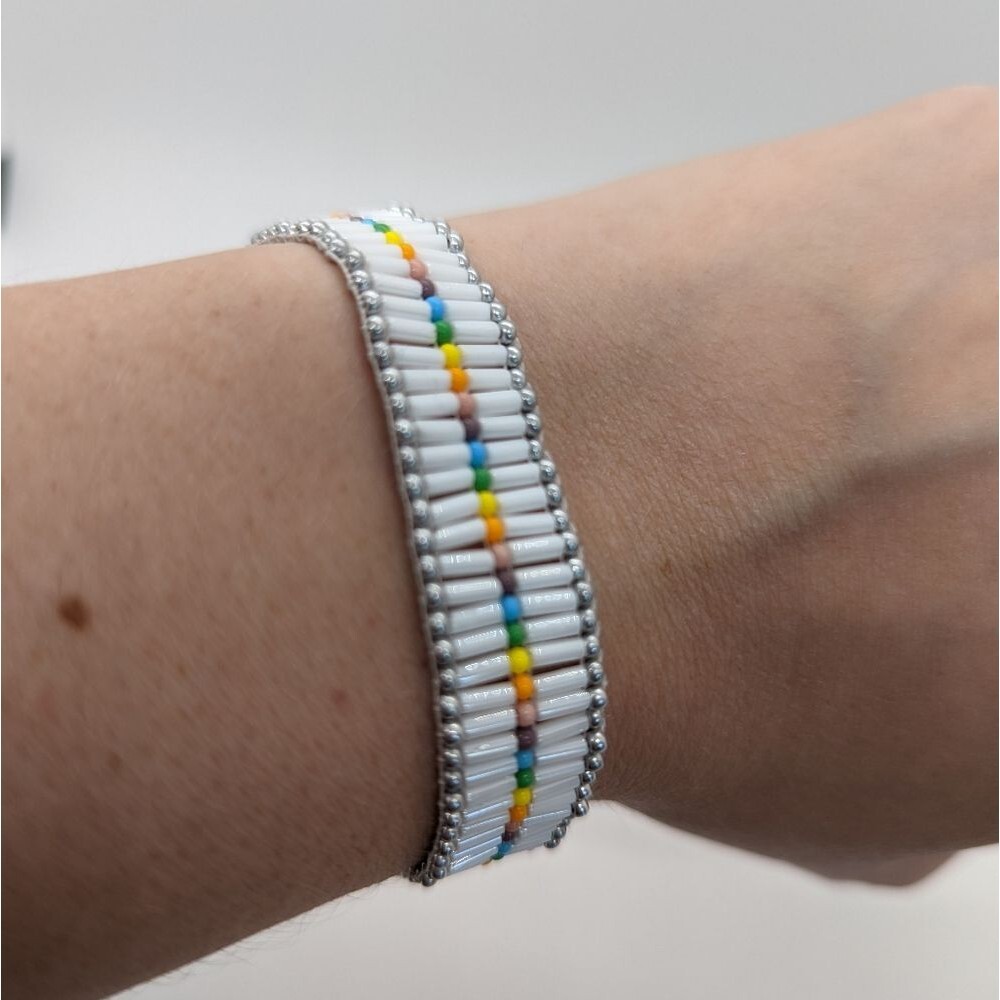 Loom Beaded Bracelet White, Pastel Rainbow & Silver